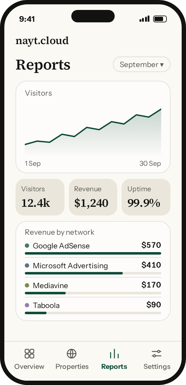 nayt.cloud reports: visitors over the month, uptime, and revenue by network.