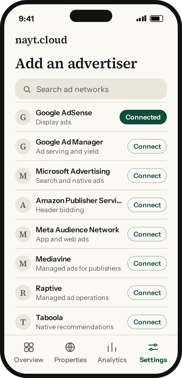nayt.cloud: adding an advertiser from a list of ad networks.